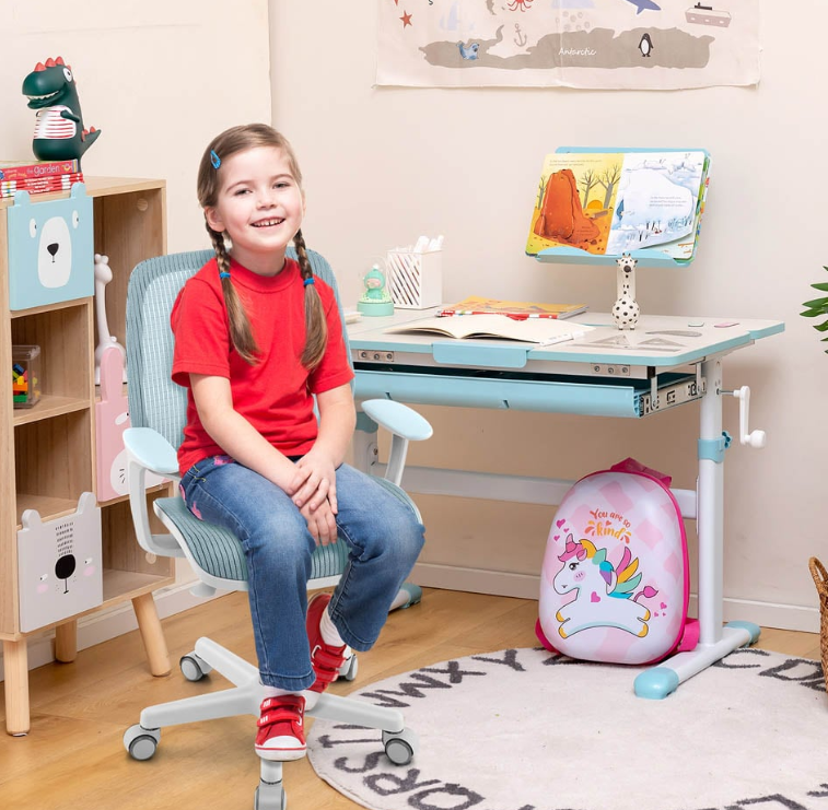 chaise de bureau costway pour enfants - blanc/bleu