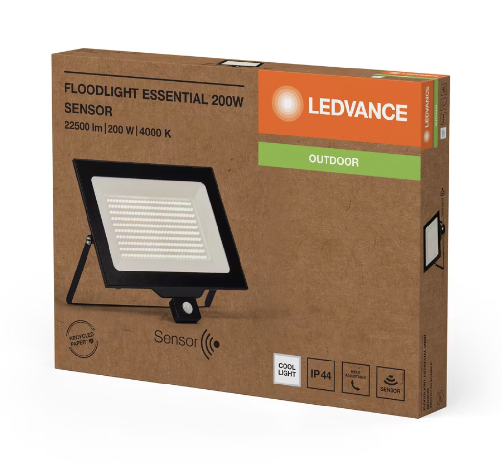 Ledvance Essential Sensor LED Floodlight 200 W - Noir - 402x45x341 mm - 20000 lumens cool white