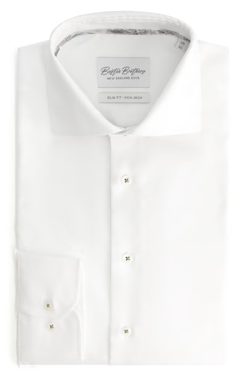 Boston Brothers Non-Iron Oxford Shirt Men - Slim Fit, Wide Spread Collar, White (Size 39)