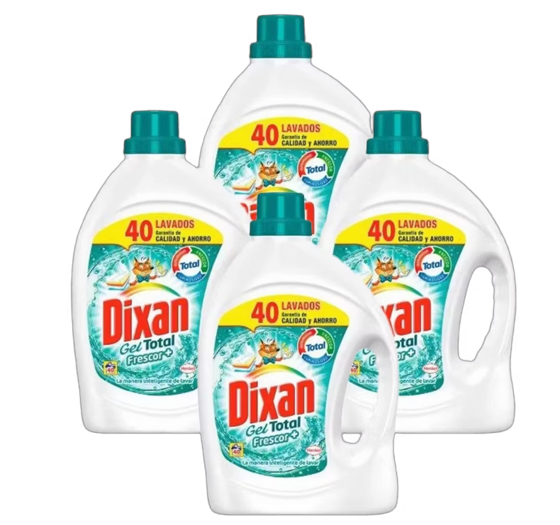 Dixan Gel Total Frescor+ Détergent Liquide - 2.48 L - 4 Bouteilles - 160 Lavages - Pour le linge blanc et de couleur