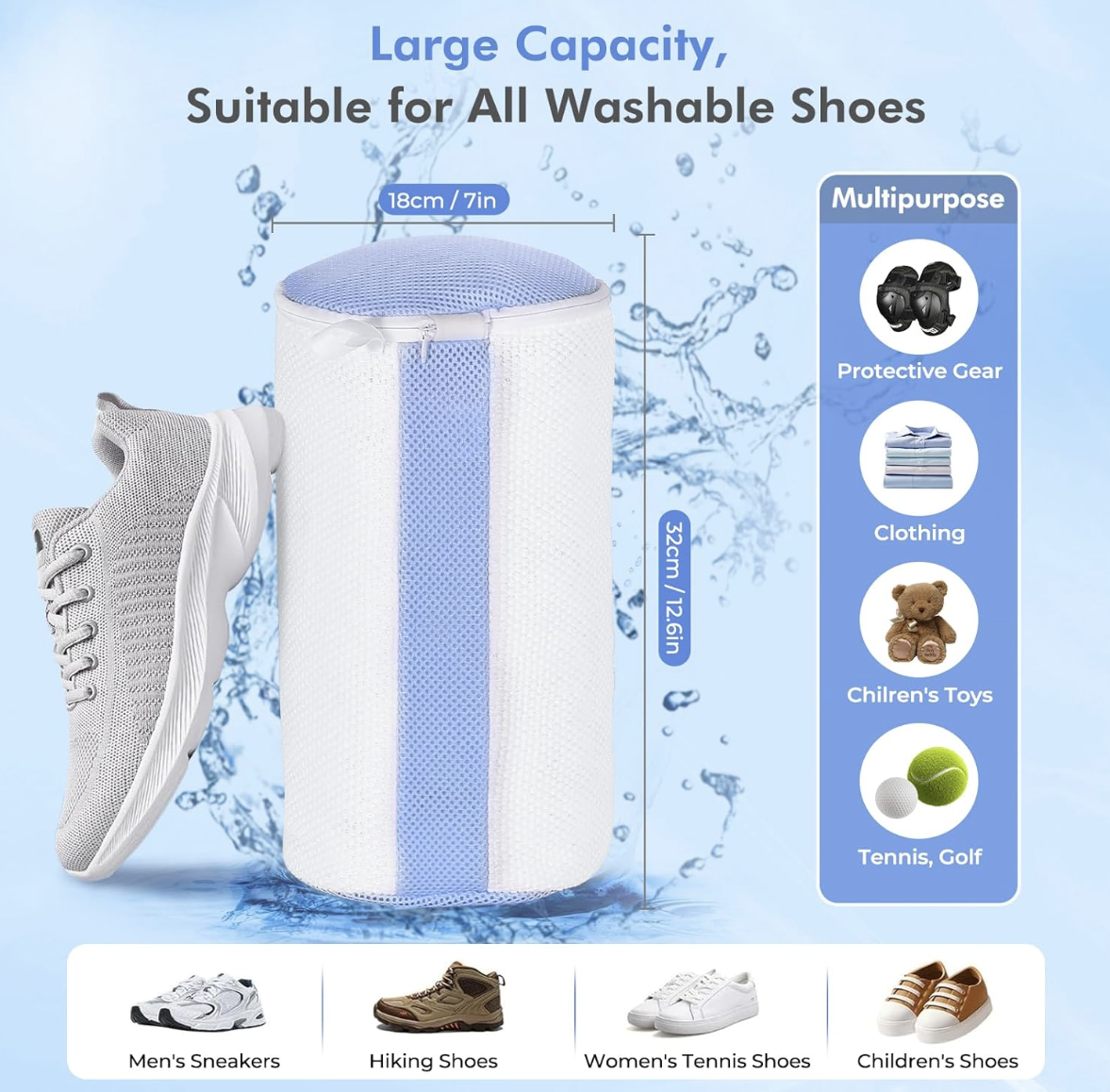 Teletrogy Sac à linge pour chaussures en microfibres chenille - 2 compartiments - fermeture à glissière cachée - 32 x 18 cm - blanc