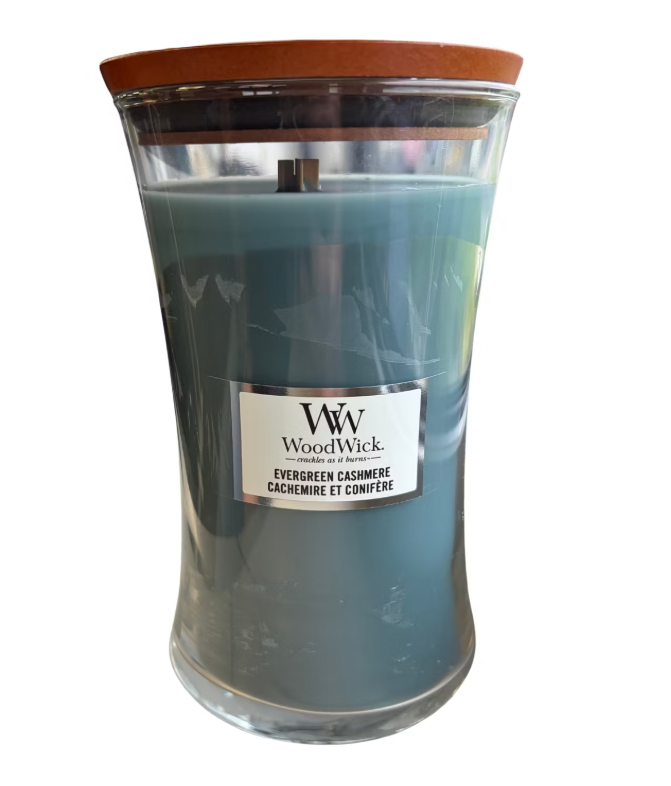 WoodWick Bougies parfumées Evergreen Cashmere Lot de 4 Grandes 17.8 cm x 10.2 cm - Mèche en bois - 130 heures de combustion - Verre évasé