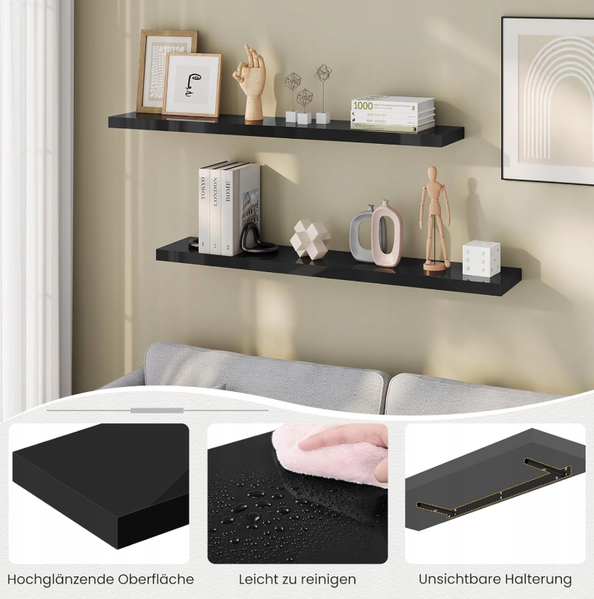 Esituro Étagère murale suspendue noire 80 x 23 x 3,8 cm - Étagère flottante moderne