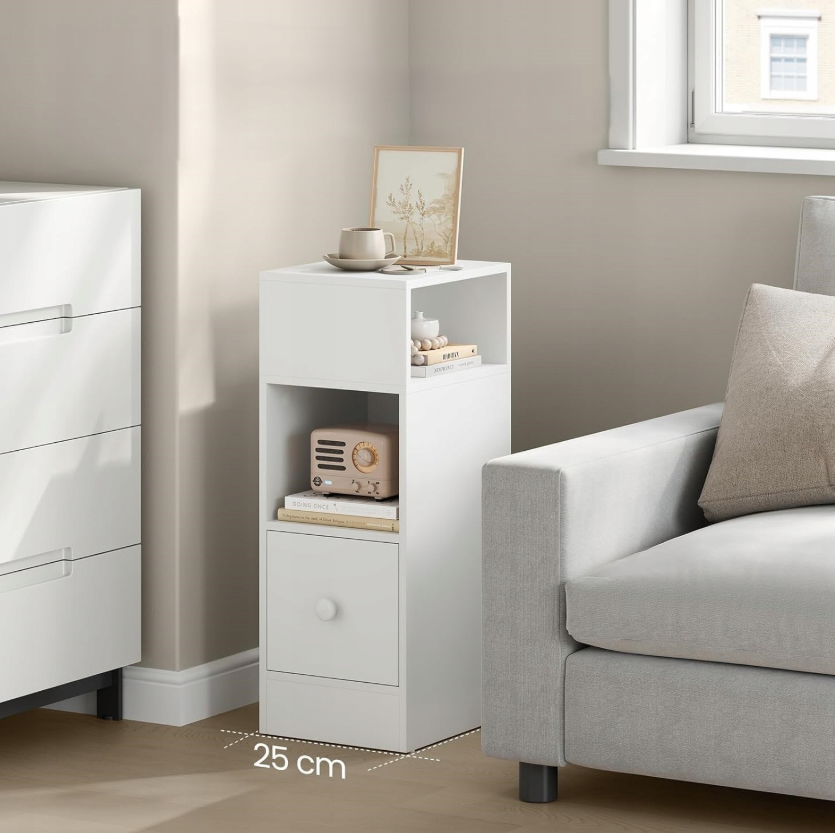 Eugad Narrow Nightstand blanc 25 x 66 x 30 cm - design moderne avec tiroir et étagères ouvertes