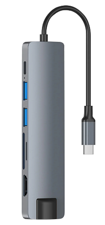 Nuvance - USB C HUB Ethernet 3.0 - 7 Ports - 19 x 5 x 2 cm - Silver