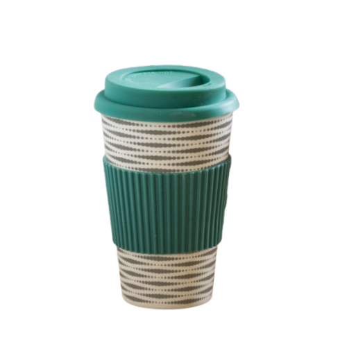 Cheqo® Green Bamboo Fibre Drink Cup 400ml - Tasse à café durable et réutilisable avec couvercle en silicone et manchon en TPR - Lavable au lave-vaisselle et compacte - Idéale pour les déplacements
