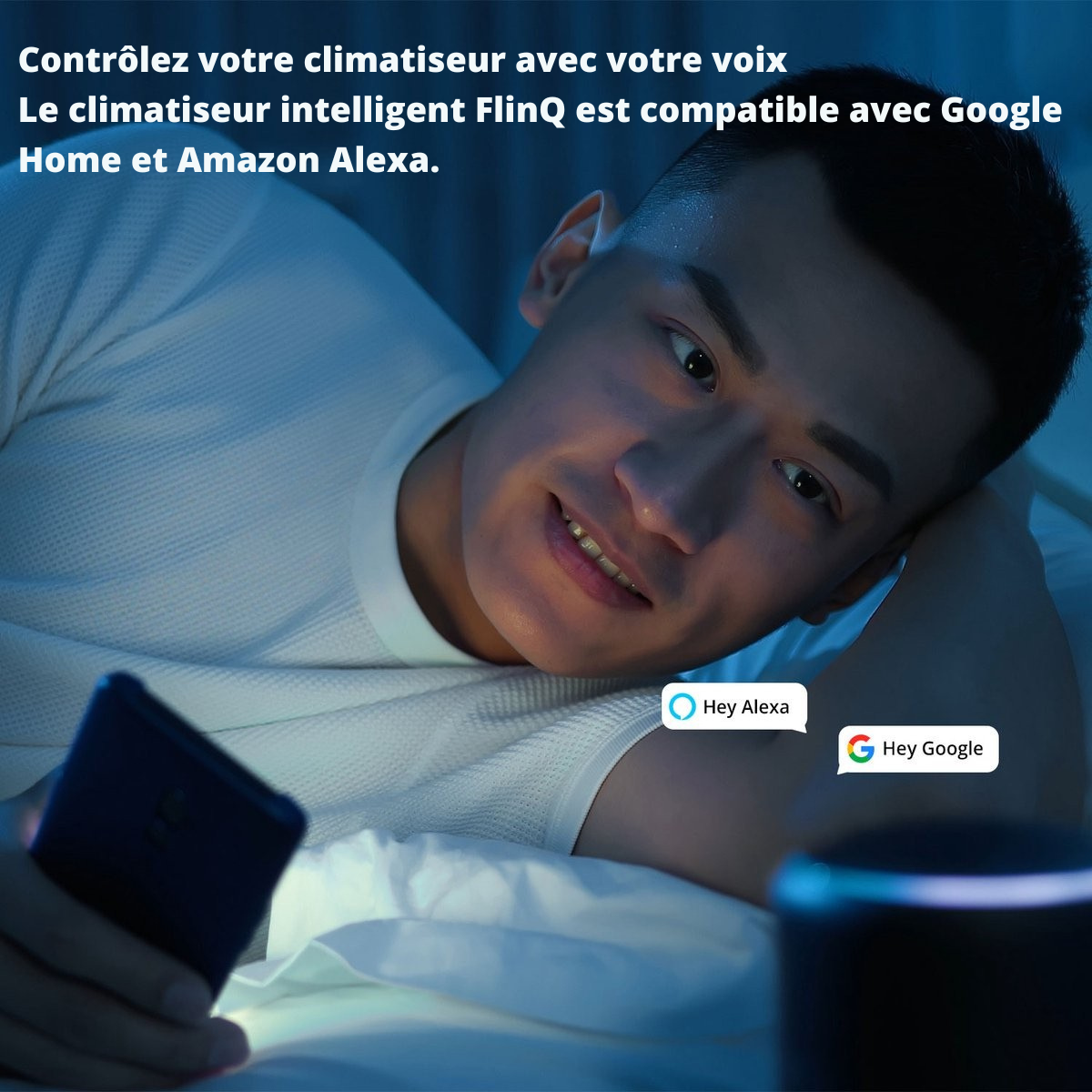 Climatiseur Mobile Intelligent FlinQ avec Tuyau de Drainage – 13 000 BTU – Fonction Sommeil Silencieux – Rafraîchit jusqu’à 50 m² – Avec Application et Télécommande – 41,5 x 41,8 x 79 cm – Blanc