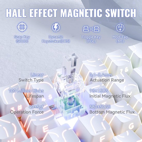 ATTACK SHARK X68MAX HE - Clavier gaming filaire à commutateurs magnétiques - Aluminium CNC - 68 touches - RGB - Touches en PBT imprimées sur le côté - Cordon décoratif - 8 kHz - Temps de réponse de 0,005 mm - Temps de réponse de 0,08 ms - Contour blanc