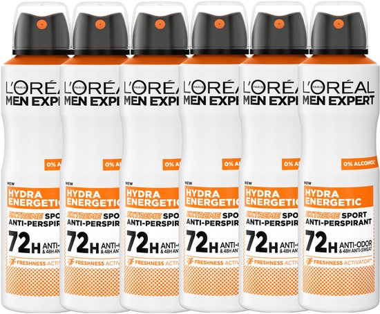 Déodorant en spray L'Oréal Paris Men Expert Extreme Sport - Protection anti-odeurs 72 h - Enrichi en « activateur de fraîcheur » - 150 ml x 6
