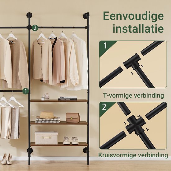 SoBuy armoire à vêtements industrielle avec 3 barres et 3 étagères en MDF, armoire ouverte robuste, noir industriel KLS18-SCH