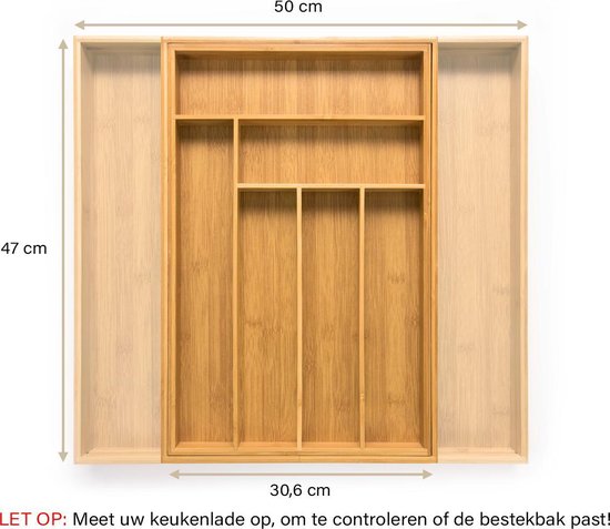 Budu Range-couverts extensible en bambou #47 (47 cm de profondeur) - Cassette à couverts en bois - Tiroir à couverts - 47 x 30.6 - 50 cm - 6/8 compartiments