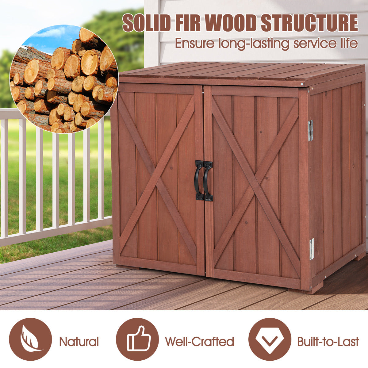Armoire à outils Coastal en pin massif avec doubles portes et poignées de porte pratiques Marron