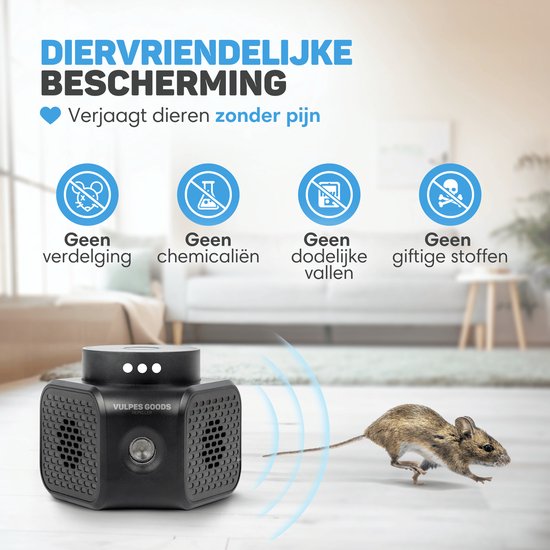Vulpes Goods® Repellent - Répulsif pour souris - Répulsif à ultrasons - Répulsif pour l'intérieur - Répulsif pour rats - Contrôle des souris - 360 degrés & 4 modes - Répulsif pour nuisibles - PRO Black