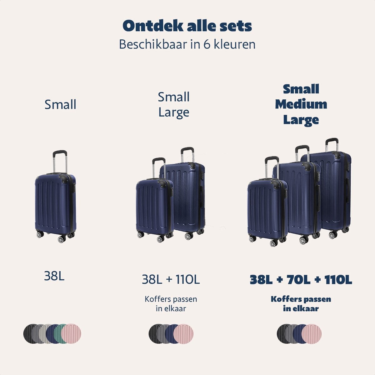 Set de valises TRVLMORE - 3 pièces - 38L + 70L + 110L - Bleu foncé