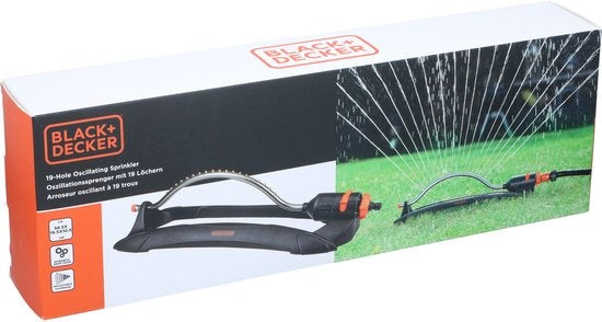 BLACK+DECKER Arroseur de pelouse - 19 trous - 58.5 x 19.5 x 10.5 CM - Arroseur de jardin pivotant - Noir/Orange