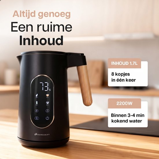 Bouilloire HomeShift® avec réglage de la température - Fonction de maintien au chaud - Double paroi - Électrique - 1,7 litre - 2200 W - Noir / Bois