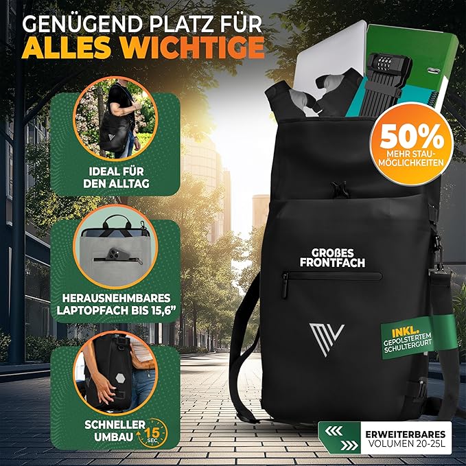 MIVELO Pannier - Sac à dos et sac à bandoulière 3-en-1 - Étanche - 20 litres - Noir