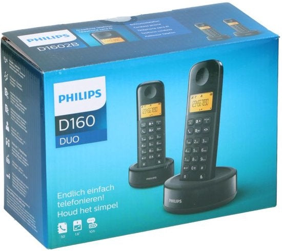 Philips D1602B/01 Téléphone résidentiel - Téléphone DECT - 2 combinés - Noir