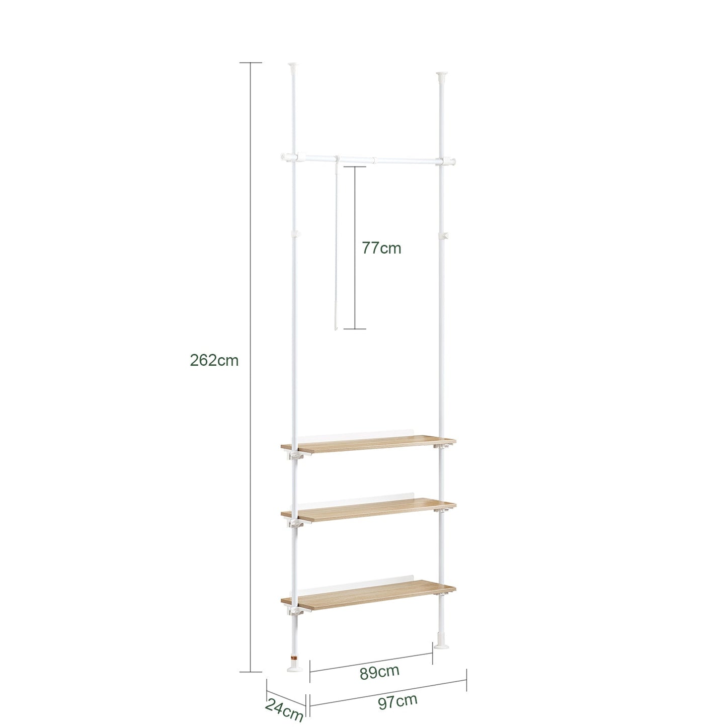 SoBuy KLS14-WN Portoir à linge télescopique blanc, 1 tringle, 3 étagères, fourche à linge, 97x24x193-262 cm