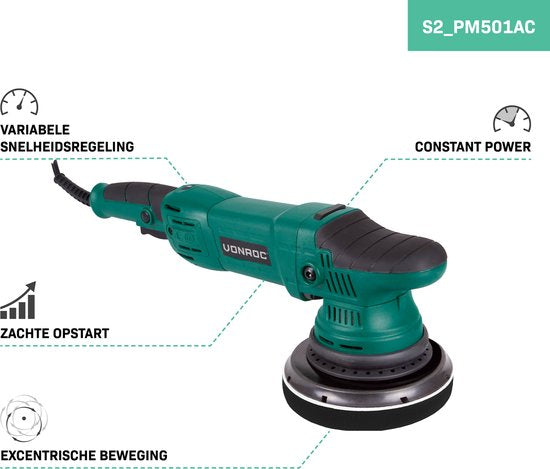 VONROC - Polisseuse excentrique double action - 1050 W & 150 mm - équipée d'un système électronique de démarrage progressif et de vitesse constante - pour voiture et bateau - plastique noir et bleu