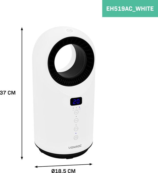 VONROC Radiateur électrique - radiateur soufflant - 1000W/1500W - sans pales - Céramique - 3 niveaux - Télécommande incluse - fonction swing - thermostat et minuterie - 15m2 - blanc