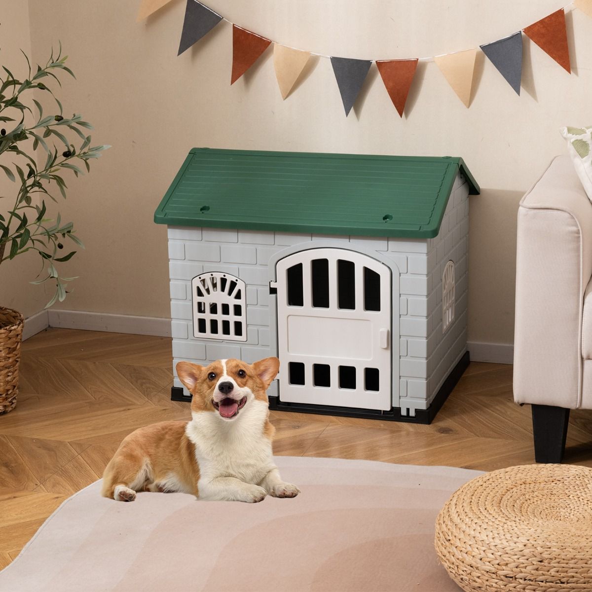 Niche pour chien Coast en plastique - résistante aux intempéries - porte verrouillable et 3 fenêtres - verte