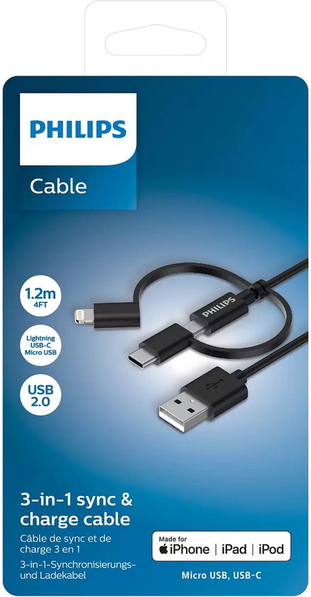 Câble de charge 3-en-1 Philips DLC3104T/03 - Câble USB Lightning, Micro-USB, USB-C - Compatible avec Apple et Samsung - 1,2 mètre - Noir