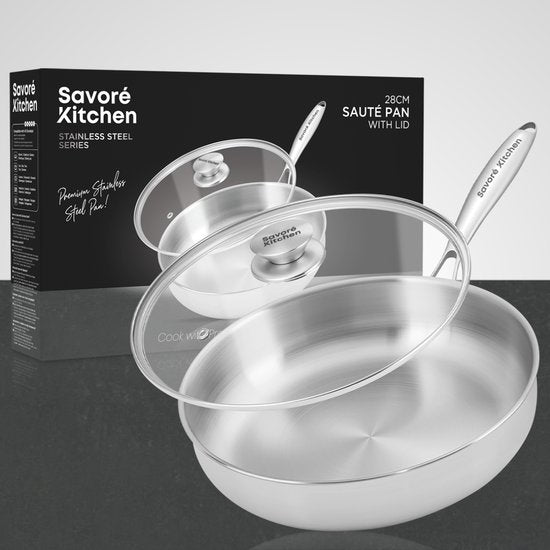 Poêle Savoré Kitchen 28 cm avec couvercle – Compatible induction – Poêle à sauter en acier inoxydable – Sans PFAS