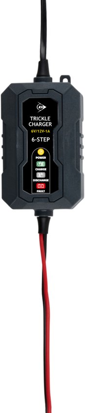 Chargeur à goutte-à-goutte Dunlop 6/12 V 1 A – Chargeur de voiture avec cycle de charge en 6 étapes – pour scooters et motos – Protection contre les courts-circuits – Chargeur d'entretien pour batteries au plomb et au gel – Noir