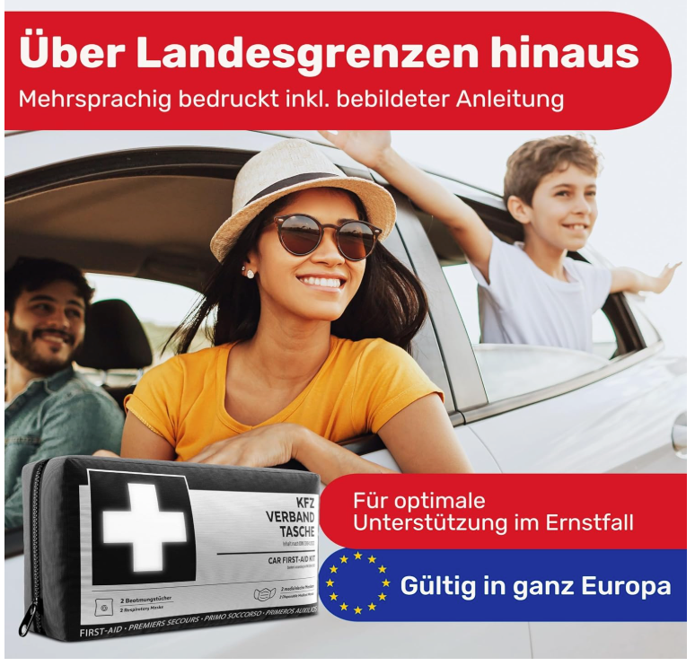 HELDENWERK - Sac de bandage pour voiture et trousse de premiers secours - Norme DIN 13164:2022 - Nylon noir résistant à l'eau - Comprend des lingettes et des masques respiratoires - Pour la voiture et la moto - Compact et sûr