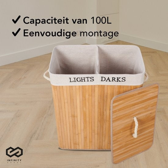 Infinity Goods Panier à linge avec couvercle XL - Bambou - 2 compartiments - trieur de linge - 2 sacs à linge en coton lavables - poignées - 100 litres - brun naturel