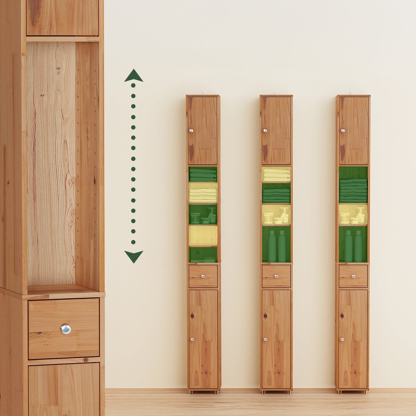 SoBuy BZR34-II-SH Grand meuble de salle de bain étroit - couleur bois - 20 x 20 x 180 cm - autoportant, en bois massif résistant à l'eau, avec étagères et tiroirs réglables