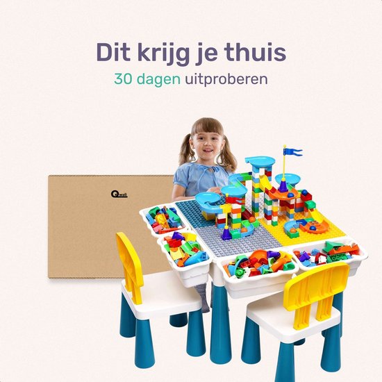 Qwali Table de jeux pour enfants avec chaises - Convient pour duplo, eau et sable - Activités - Set - Table à dessin - Pour garçons et filles - Pour tout-petits - Table de jeux - Bureau - Enfants - Table - Meubles