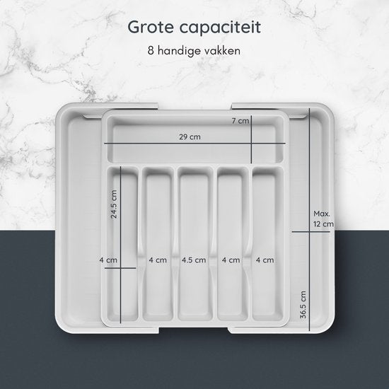 Deleca Range-couverts coulissant avec 8 compartiments - Range-couverts pour tiroir - Range-couverts pour tiroir de cuisine - Porte-couverts pour la cuisine - 57 x 38 cm - Plastique / Blanc Gris