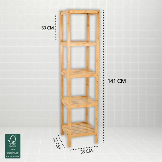 Brixy Etagère de salle de bain - Meuble de salle de bain - 5 couches - 141x33x33cm - Meuble de salle de bain - Bambou