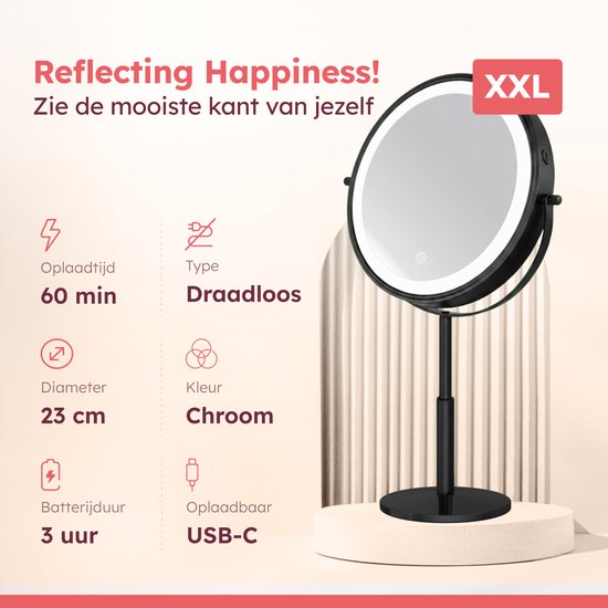 Miroir de maquillage Fraay® XXL avec éclairage LED - Grossissement 10x - Miroir grossissant avec éclairage - Rechargeable - Miroir de rasage - Miroir de salle de bains - Noir