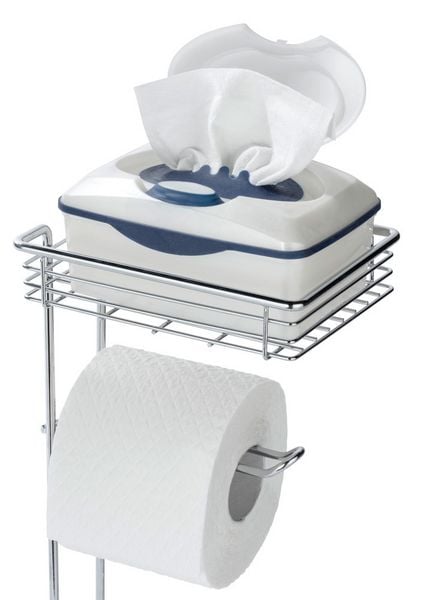 Porte-rouleau de papier toilette sur pied, chromé - Avec tablette et support pour rouleau de rechange