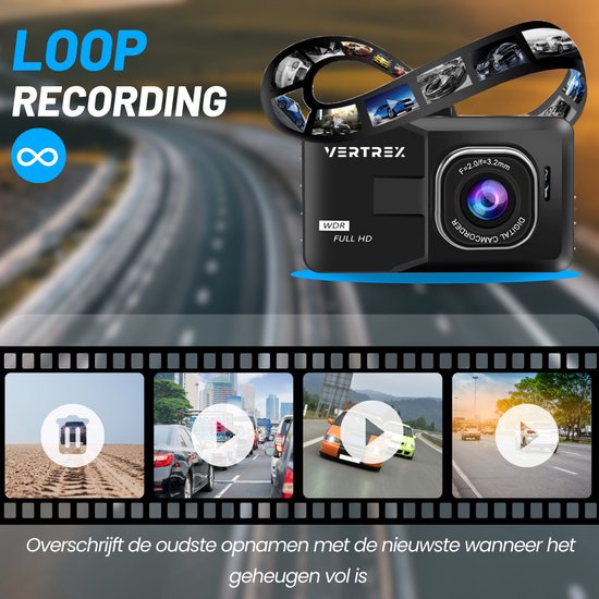 VERTREX Dashcam pour voiture 1080P Full HD - Avant et arrière - Caméras de bord - Vision nocturne - Capteur G - Objectif grand angle 170° - LCD 3.0" - Détection de mouvement - Enregistrement en boucle - Inclus une carte 32GBSD LCD - Détection de mouvement