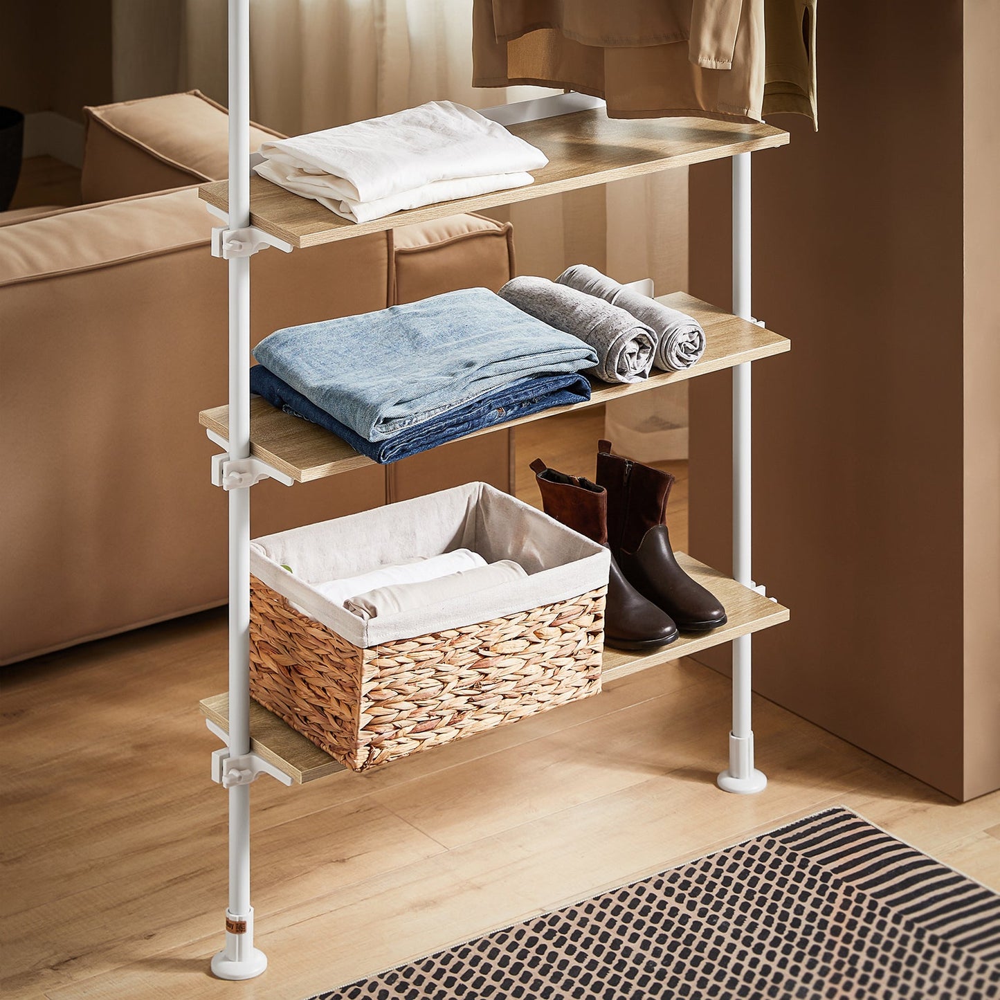 SoBuy KLS14-WN Portoir à linge télescopique blanc, 1 tringle, 3 étagères, fourche à linge, 97x24x193-262 cm
