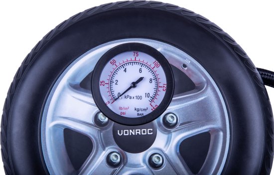 VONROC Mini compresseur - 12V - Avec manomètre - Max. 10 bar - 3 adaptateurs inclus
