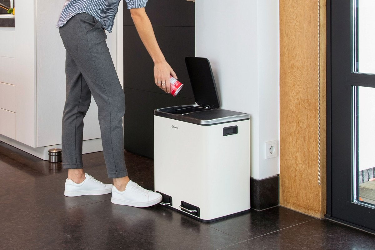 Homra BLINQ Afvalscheiding prullenbak met 2 vakken - 2 x 15 L inhoud - Duo pedaalemmer Crème Wit - Afvalemmer 30 Liter - Recycle Afvalbak - Witte Afvalscheidingsprullenbak - Hygiënisch Afval Scheiden - Keuken Vuilbak - Kantoor
