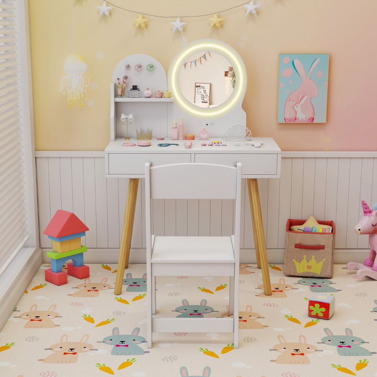 Ensemble de coiffeuse pour enfants Coast - miroir éclairé - espace de rangement avec tiroirs et crochets - blanc