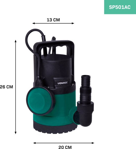 VONROC Pompe submersible/pompe à eau 300W - 6500l/h - Pour eau propre et peu sale - Avec flotteur