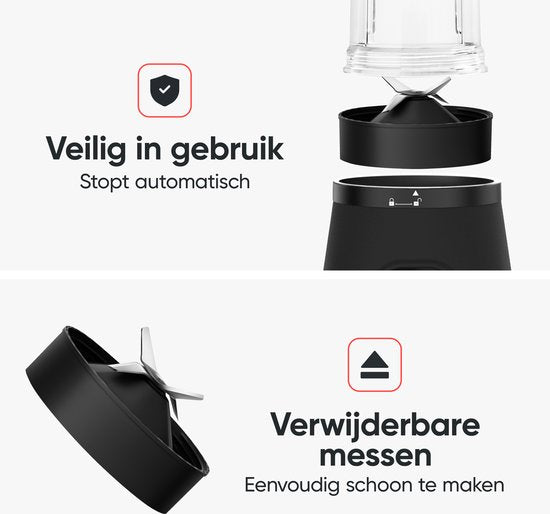 Blender - Kitchenwell - Puissant mixeur à smoothie de 1300 watts - 1,5 litre - gobelet en verre - Gobelet de sport inclus - acier inoxydable - Noir