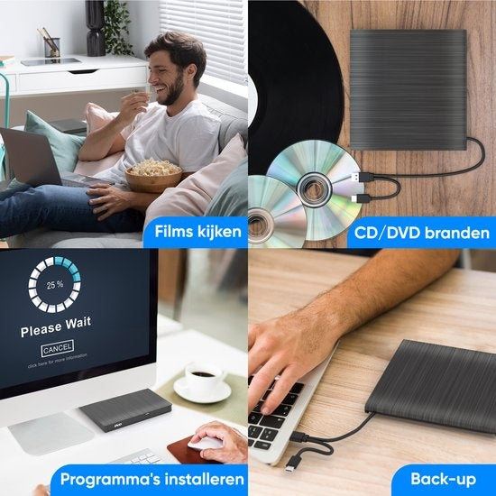 Strex External DVD Player And Burner - Avec pochette - CD/DVD - Plug & Play - USB 3.0 DVD Player - Convient à Windows, Mac et Linux - Lecteur optique