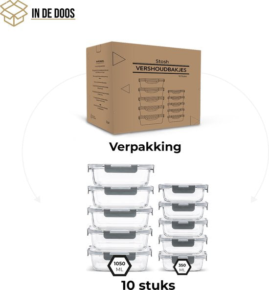 Stosh Plateaux pour préparation de repas - Plateaux pour aliments frais - Plateaux pour congélation - 10 pièces - 5x1050ML & 5x350ML - Sans BPA - Verre