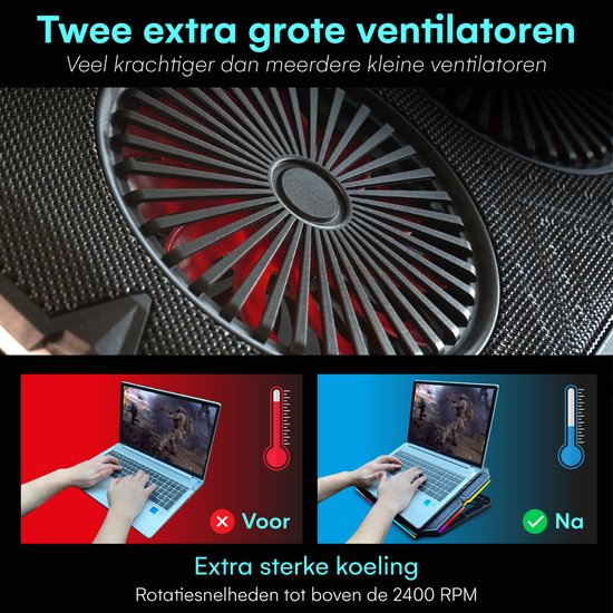 TTD® Premium Laptop Cooler and Adjustable Laptop Raiser - Support pour ordinateur portable réglable - Vitesse de rotation jusqu'à plus de 2400 RPM - Cooling Pad pour ordinateur portable de jeu - Jusqu'à 17 pouces - Port USB supplémentaire - Noir
