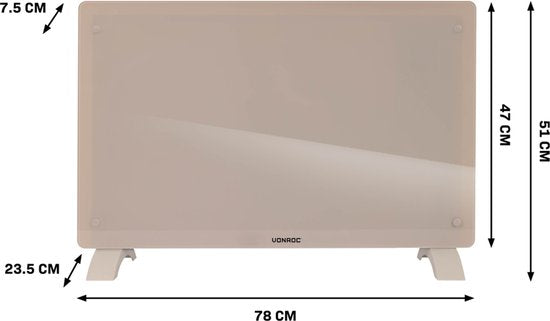VONROC Chauffage électrique de luxe - Convecteur avec panneau en verre - 1000W/2000W- Chauffe les pièces jusqu'à 24m2 - Contrôlé par l'application (via Wifi) et manuellement - Thermostat et minuterie réglables - Beige