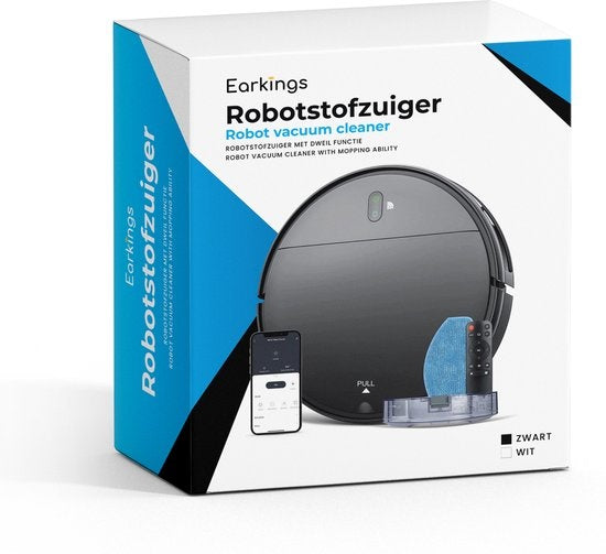 Earkings Robot aspirateur avec fonction de nettoyage - Robot aspirateur SMART avec station de charge - Convient aux animaux domestiques - Robot aspirateur noir