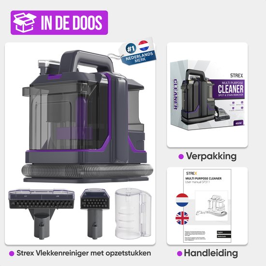 Strex Carpet Cleaner Extra Powerful - Nettoyeur de taches / Nettoyeur de meubles / Nettoyeur de matelas / Nettoyeur de canapés - 2 accessoires